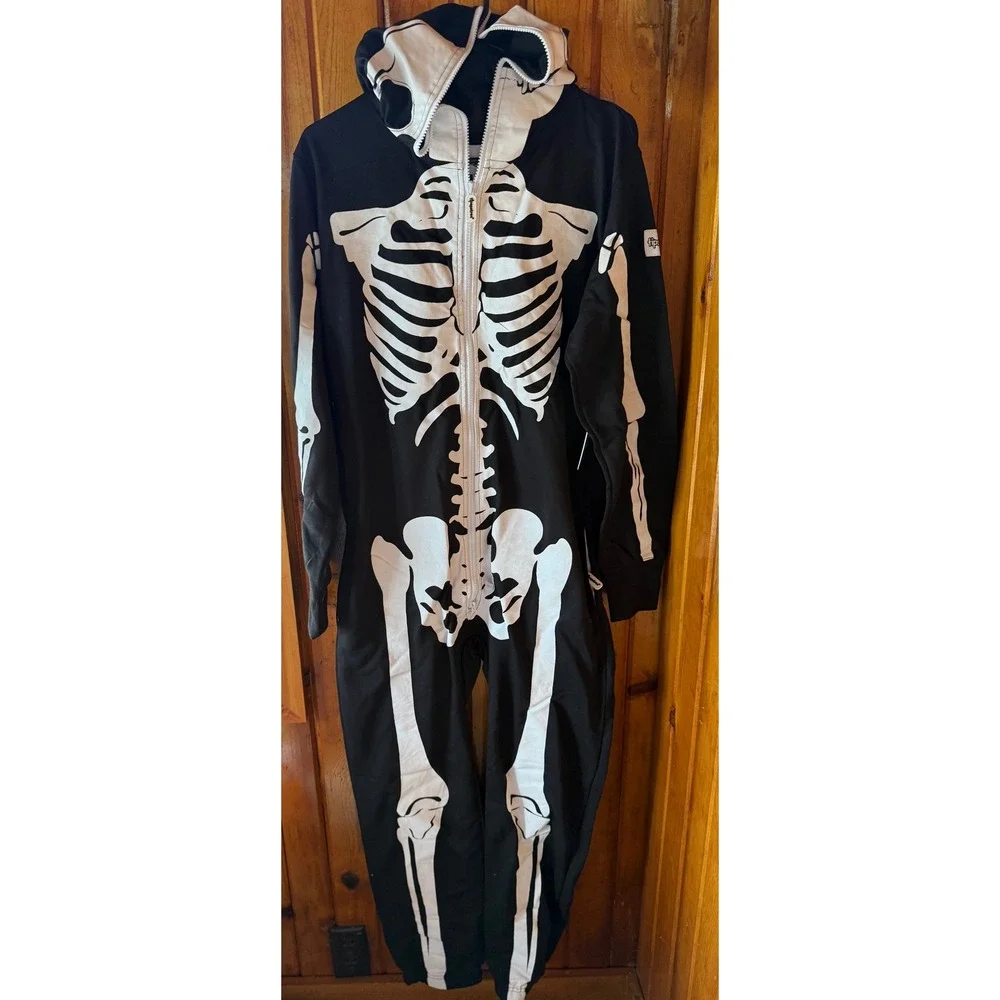 Tipsy Elves Mens Skeleton Jumpsuit Small Black White Full Zip Hoodie Costume - Picture 1 of 5